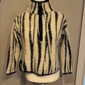 Anthropologie Cream & Black Striped Faux-Fur Half-Zip Sweater